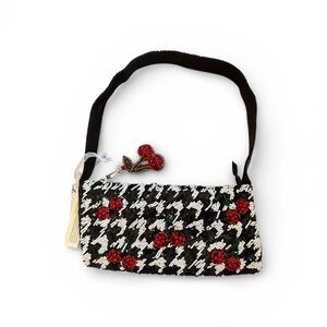 Chic Houndstooth Shoulder Bag with Red Cherry Accents